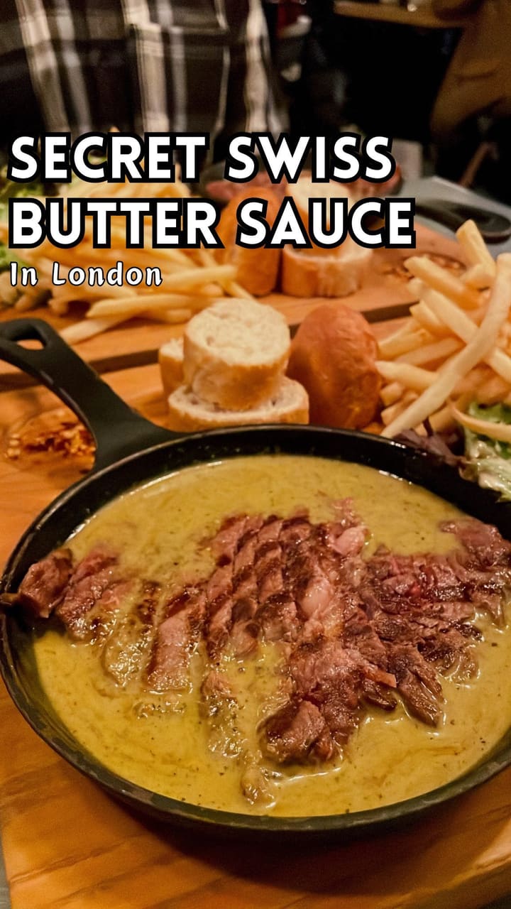 This video showcases Swiss Butter, a restaurant in Holborn, London. The video primarily focuses on their ribeye steak dish, which is served in an iron skillet with their signature Swiss butter sauce.  The sauce is described as tangy and buttery.  Accompanying sides include fries, salad, and baguette.  The video also shows their chocolate fondant and pain perdu desserts.  The overall tone of the video is positive and appetizing.
