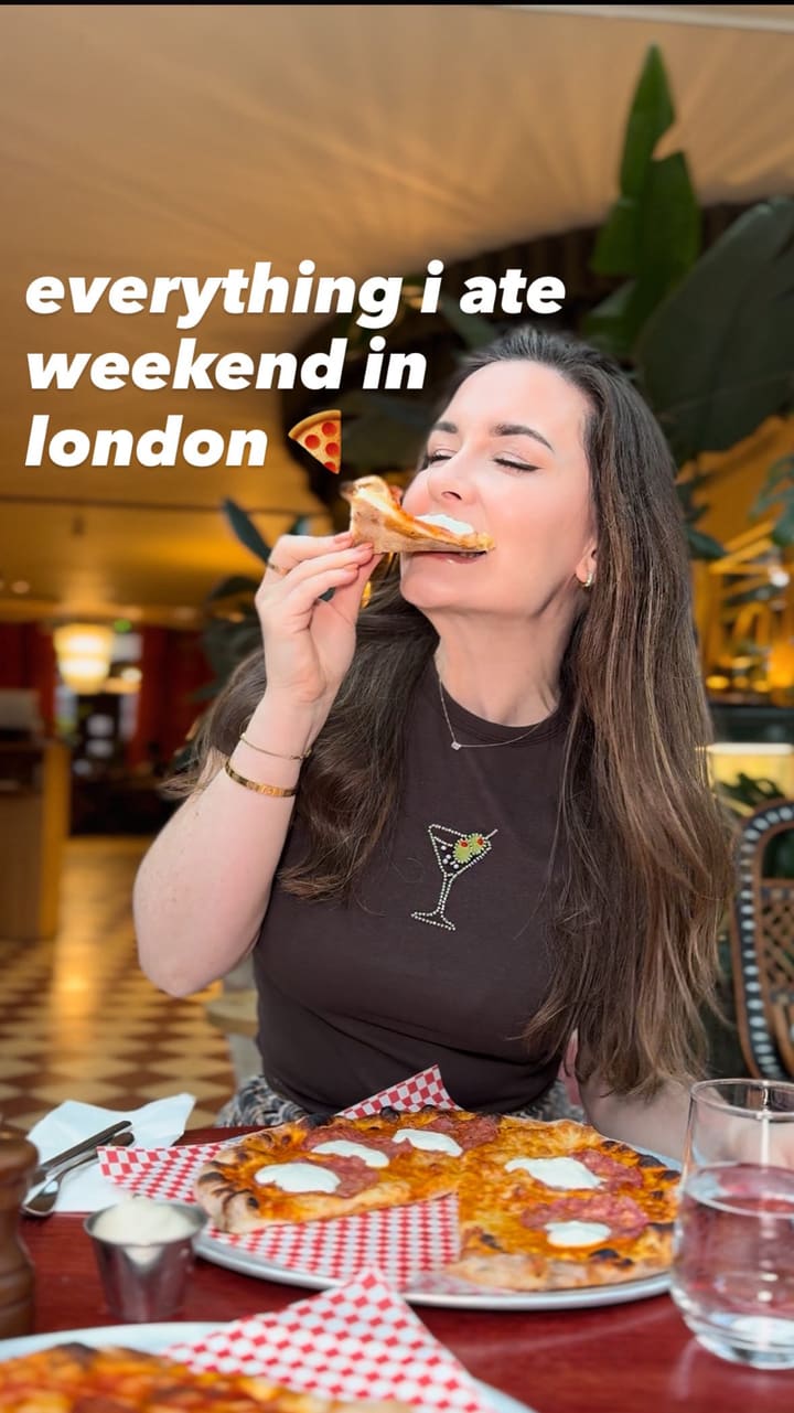A vlog-style video documenting a festive weekend in London, showcasing various food and drink experiences. The video features visits to Knoops for festive hot chocolate, Harrods Food Hall for pastries, Bottarga restaurant for a Greek dinner including various dips, bread, and a burnt chocolate cheesecake. It also shows lunch at Eve Kensington with pizza and pigs in blankets, and dinner at Dirty Bones featuring their festive menu with mac & cheese balls, a truffle wagyu burger, maple miso brussels sprouts, and a sticky toffee pudding. The creator also visits Ralph's Coffee and various Christmas light displays.
