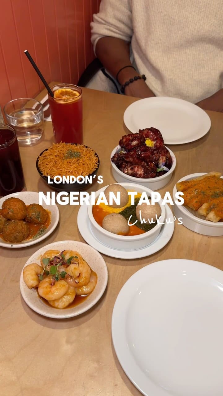 This video showcases Chuku's, a Nigerian tapas restaurant in Tottenham, London.  The video features a variety of dishes, including Zobo wings, Suya meatballs, Honey Suya prawns, Cassava Ata Din Din, an Egusi bowl, Jollof rice, and a Plantain waffle.  Each dish is presented in a small, tapas-style bowl or plate. The overall presentation emphasizes vibrant colors and close-ups of the food. The video's main focus is a meal review and showcase of the restaurant's offerings. No specific dietary information is provided.